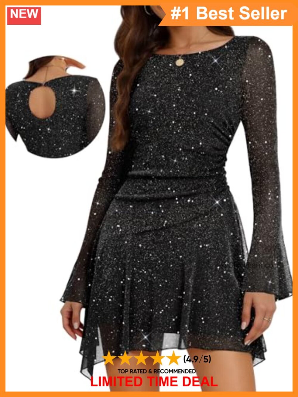Sparkly Mesh Bell Sleeve Ruching Mini Homecoming Dress